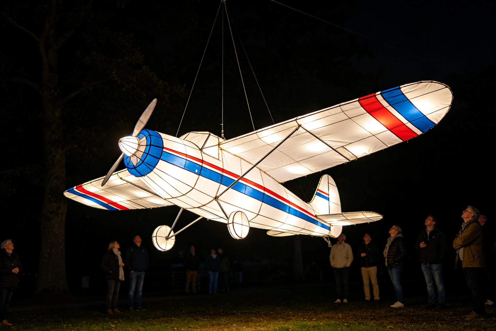 White and blue biplane lantern suspended above ground