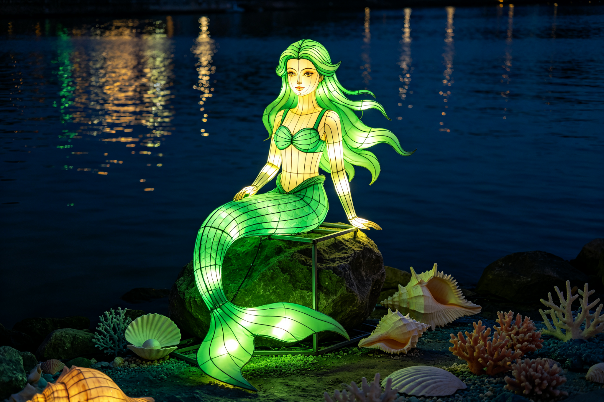 Green mermaid lantern sitting on rock by waterfront