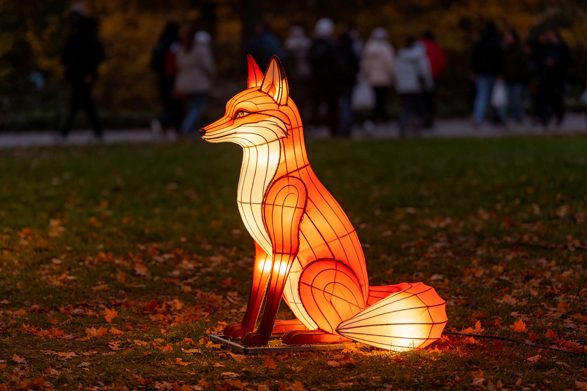 Orange fox lantern sitting on autumn leaves with visitors