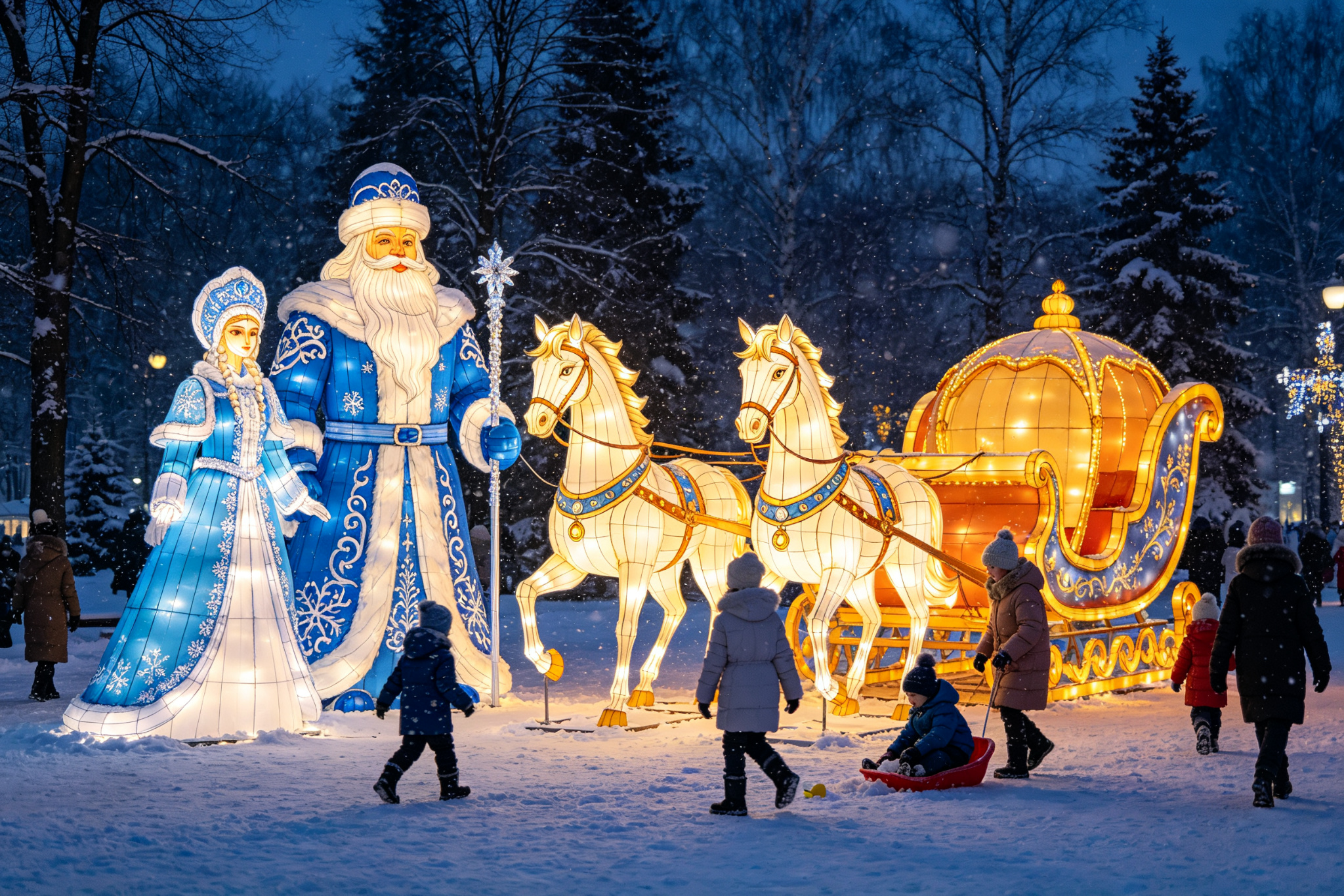 Ded Moroz and troika sleigh lanterns in snowy park with families