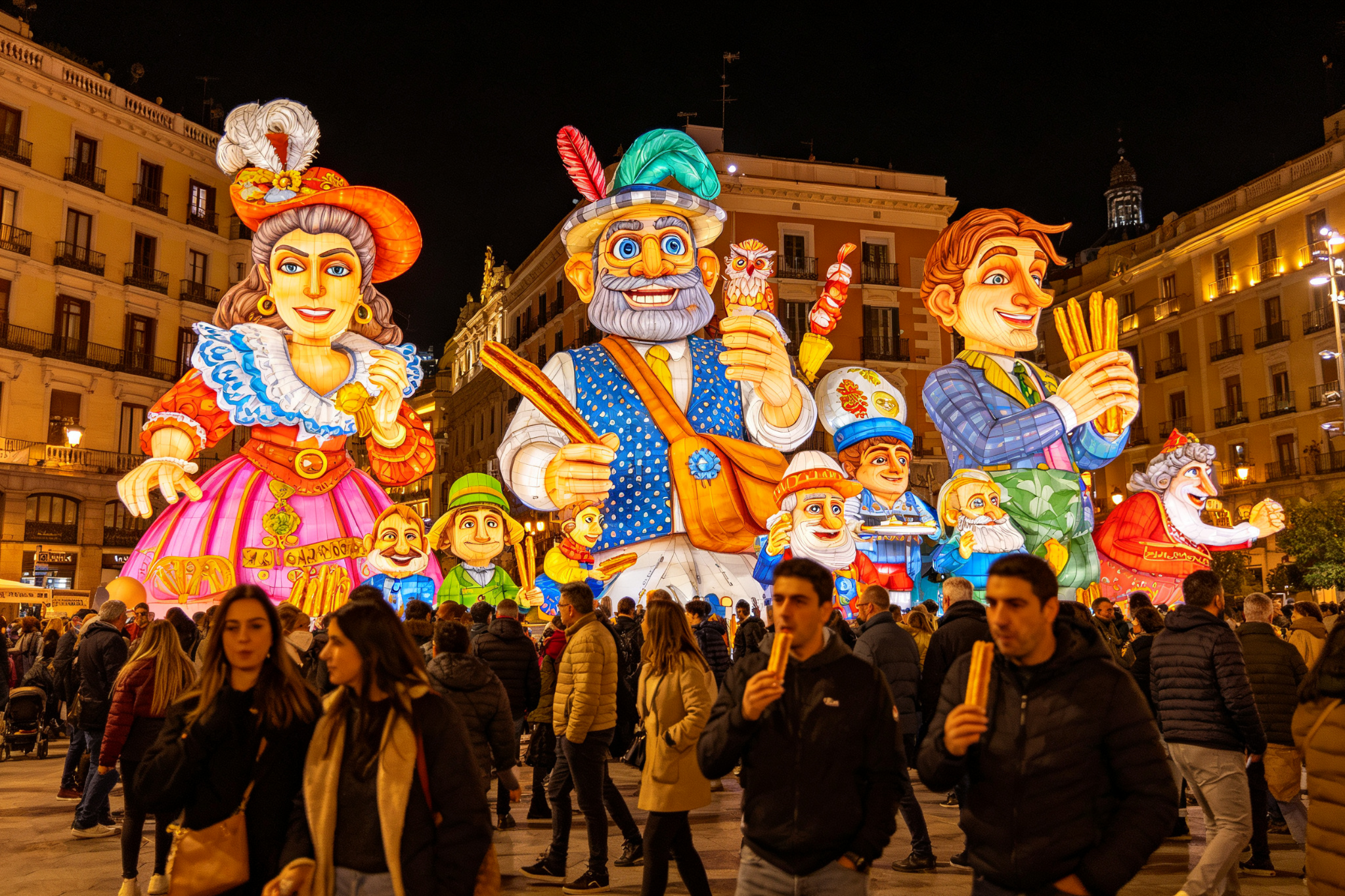 Colorful ninot figure lanterns in city square with visitors