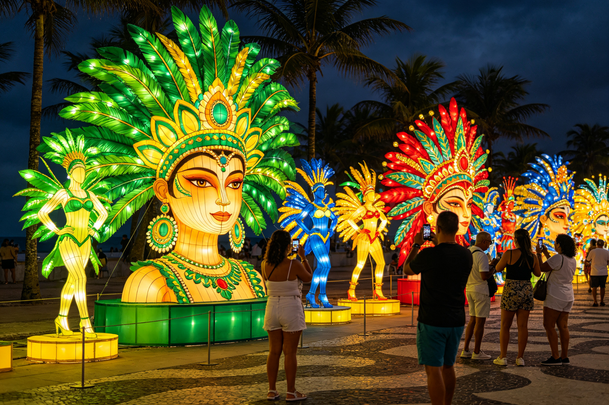 Samba dancer and feather headdress lanterns along promenade with tourists
