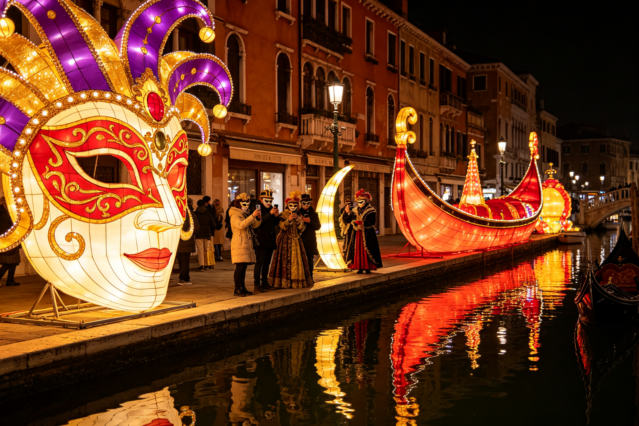 Masquerade mask and gondola lanterns along Venetian canal