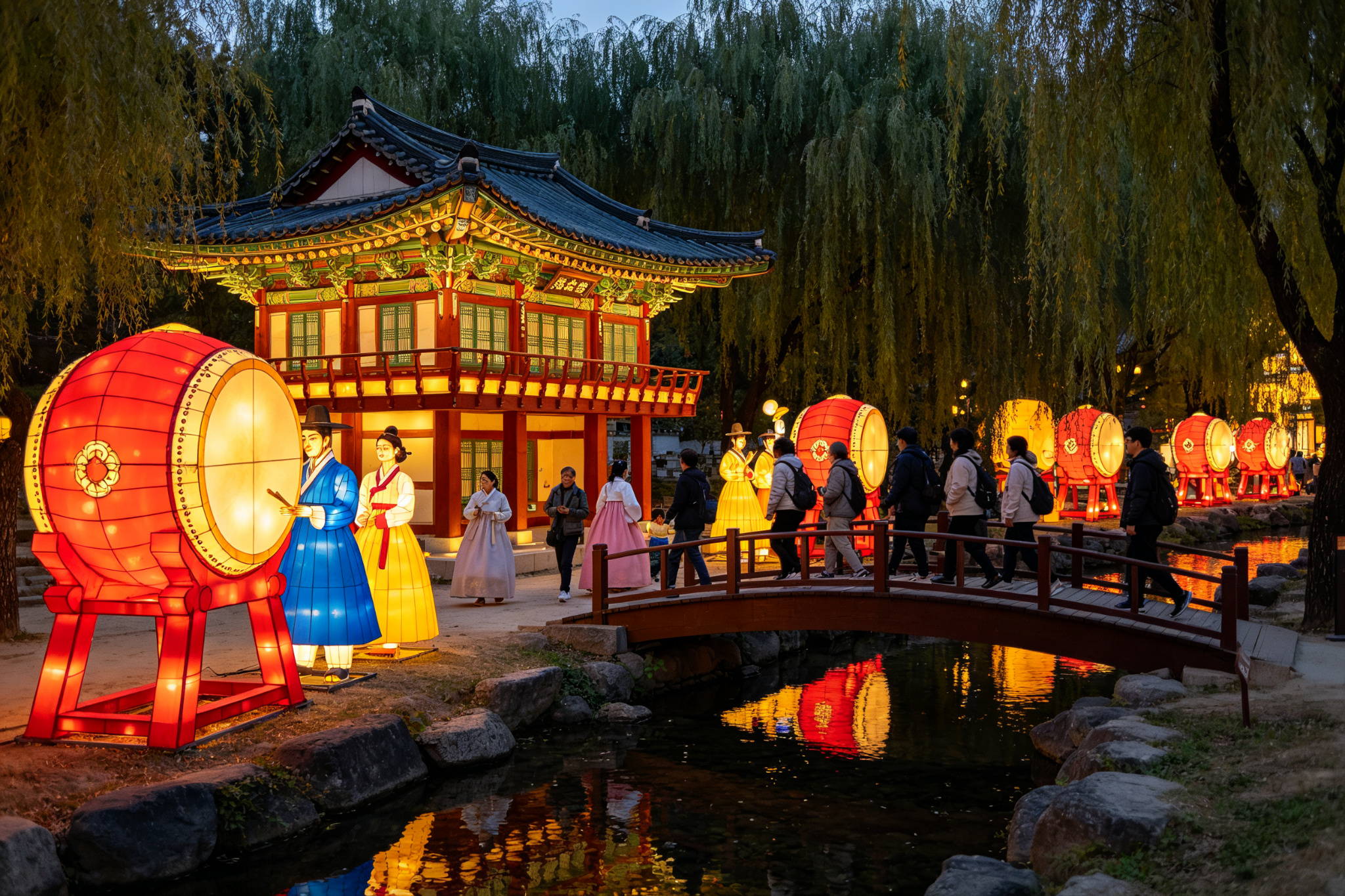 Hanok house and janggu drum lanterns by stream with visitors