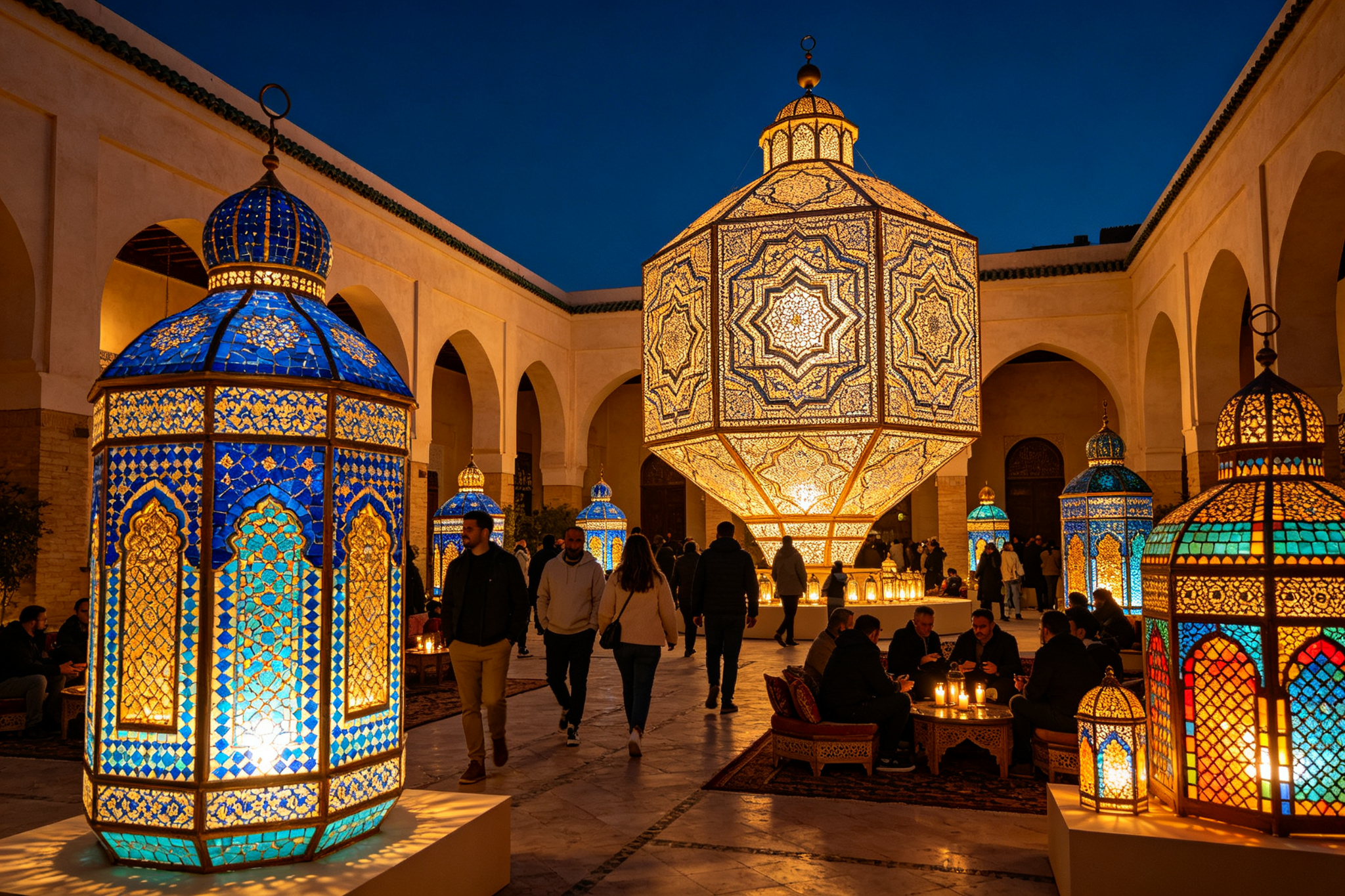 Geometric mosaic lanterns in Moroccan courtyard with visitors